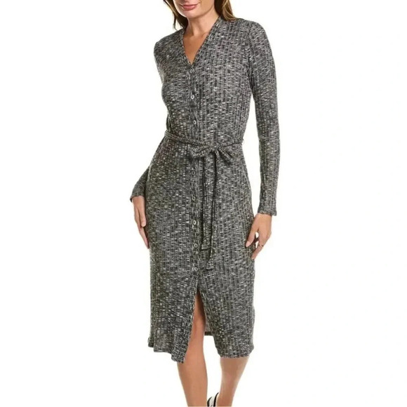 Michael Stars Duster Cardigan Midi Wrap Dress 2X Button Front Ribbed Black Gray - Picture 3 of 8